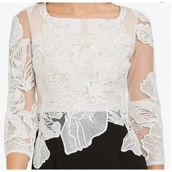 Adrianna Papell Embroidered Contrast Evening Gown Black Ivory Women's Size 2 - Picture 2 of 10